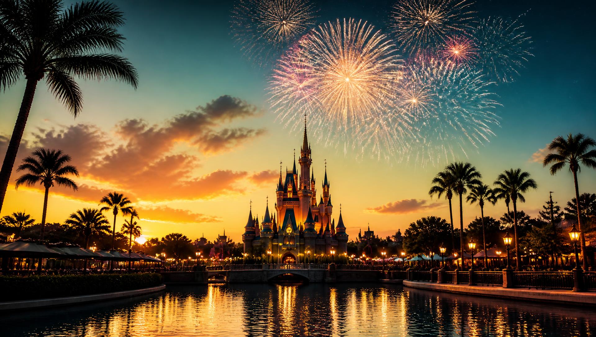 Fireworks over an Orlando theme park castle at sunset