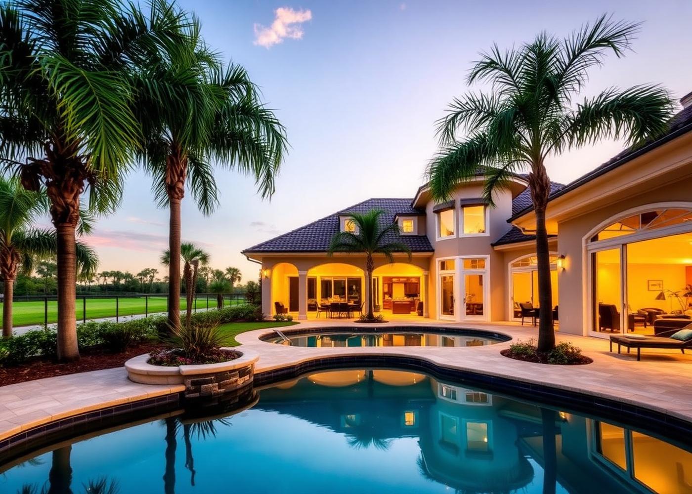 Private Orlando villa with a screened pool and palm trees at dusk